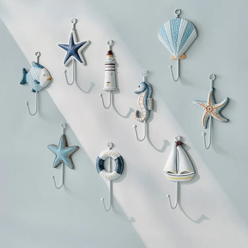 Mediterranean Style Wall Hooks Iron Coat Rack Door Hanger Ocean Theme Home Decor Storage Holder - Blue Shell