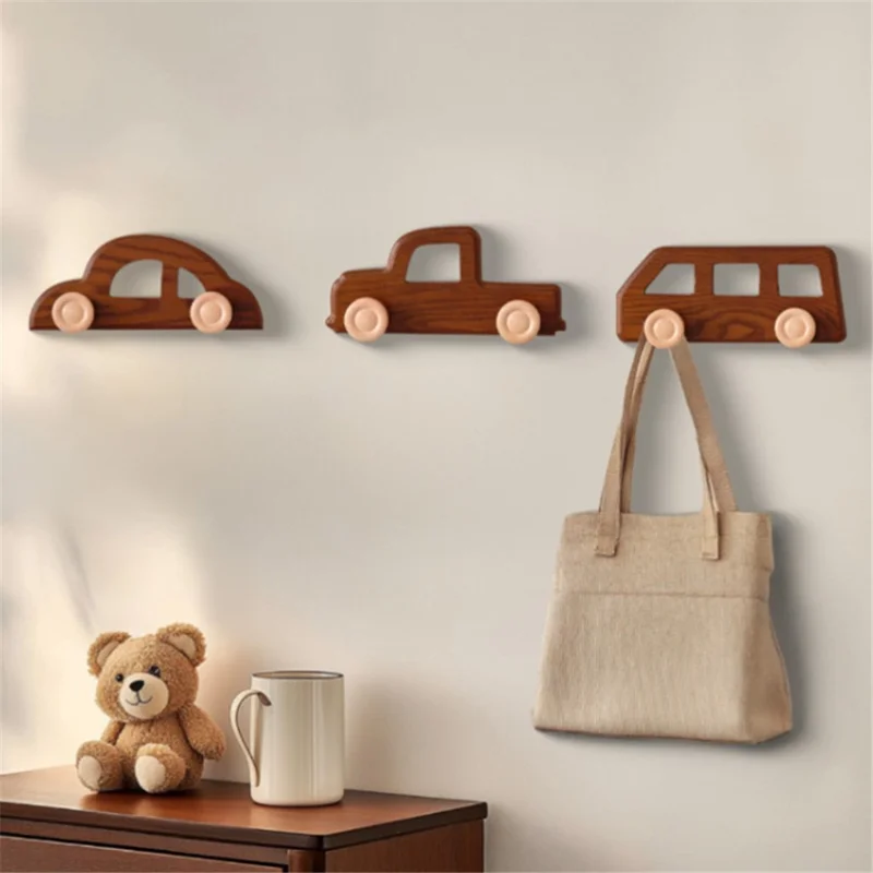 Wooden Wall Hooks for Kids Room Decorative Coat Hanger Entryway Closet Organizer Hat Rack - Classic Car