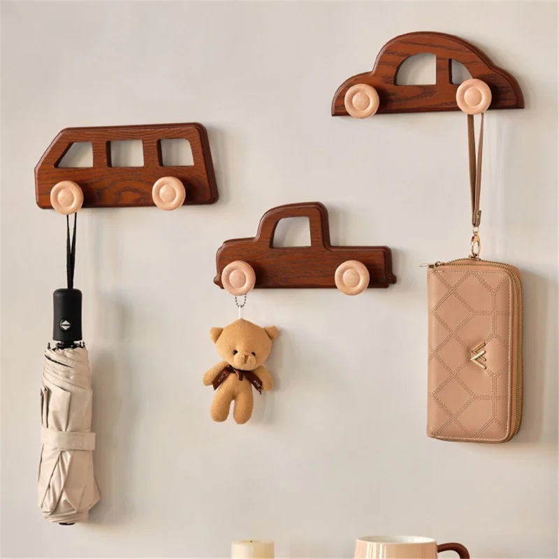 Wooden Wall Hooks for Kids Room Decorative Coat Hanger Entryway Closet Organizer Hat Rack - Bus