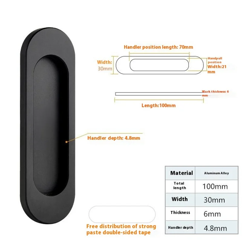 2Pcs Adhesive Door Pull Handles for Sliding Doors Furniture Bathroom Glass Door, Size S - Oval Black