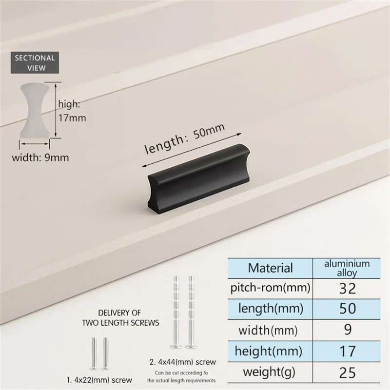 Schubladengriff 50 mm Länge, 32 mm Lochmitte Aluminiumlegierung Küchenschrank Griff Möbelbeschlag - Matt Schwarz
