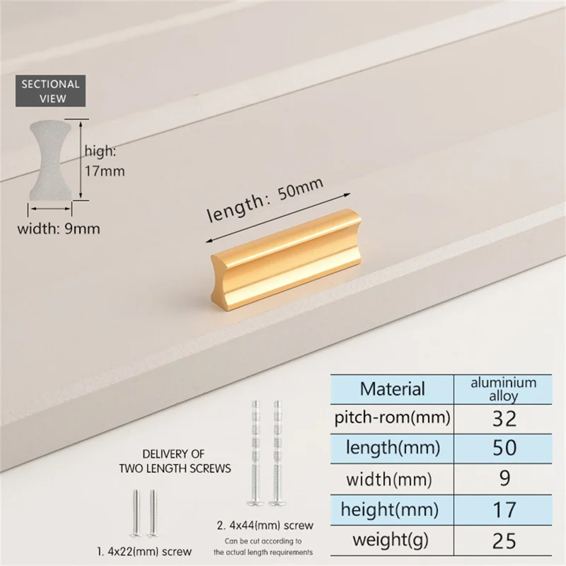 Drawer Pull 32mm Hole Center, 50mm Length Aluminum Alloy Kitchen Cabinet Handle Furniture Hardware - Gold