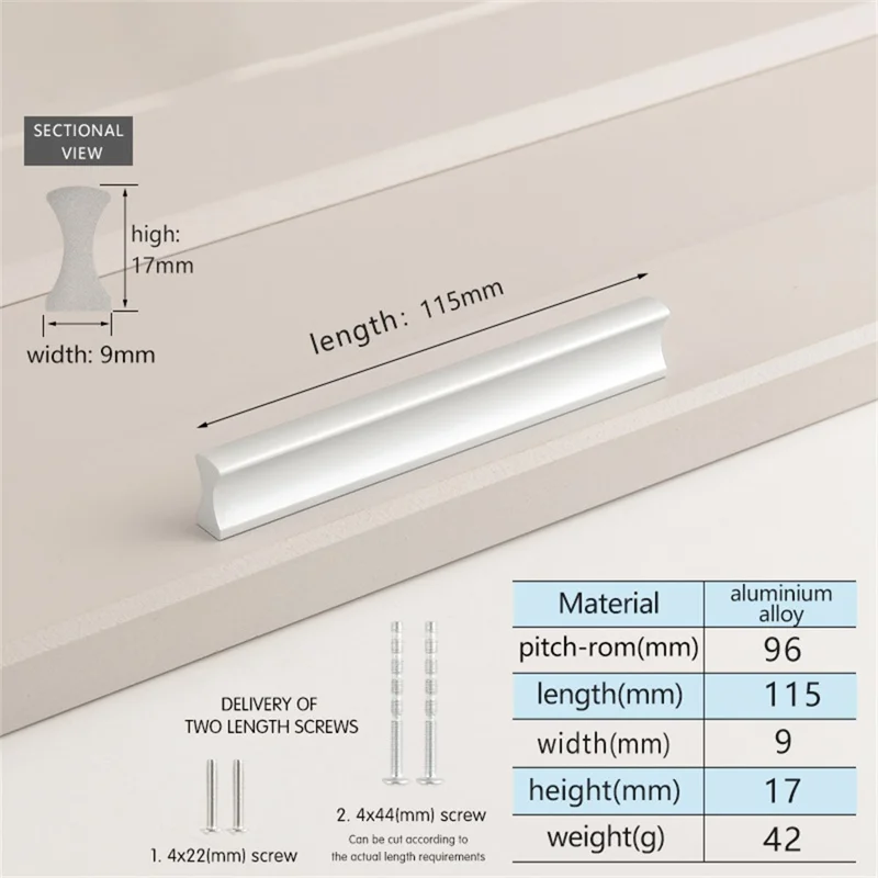 Drawer Pull 96mm Hole Cente, 115mm Lengthr Aluminum Alloy Kitchen Cabinet Handle Furniture Hardware - Matte Silver