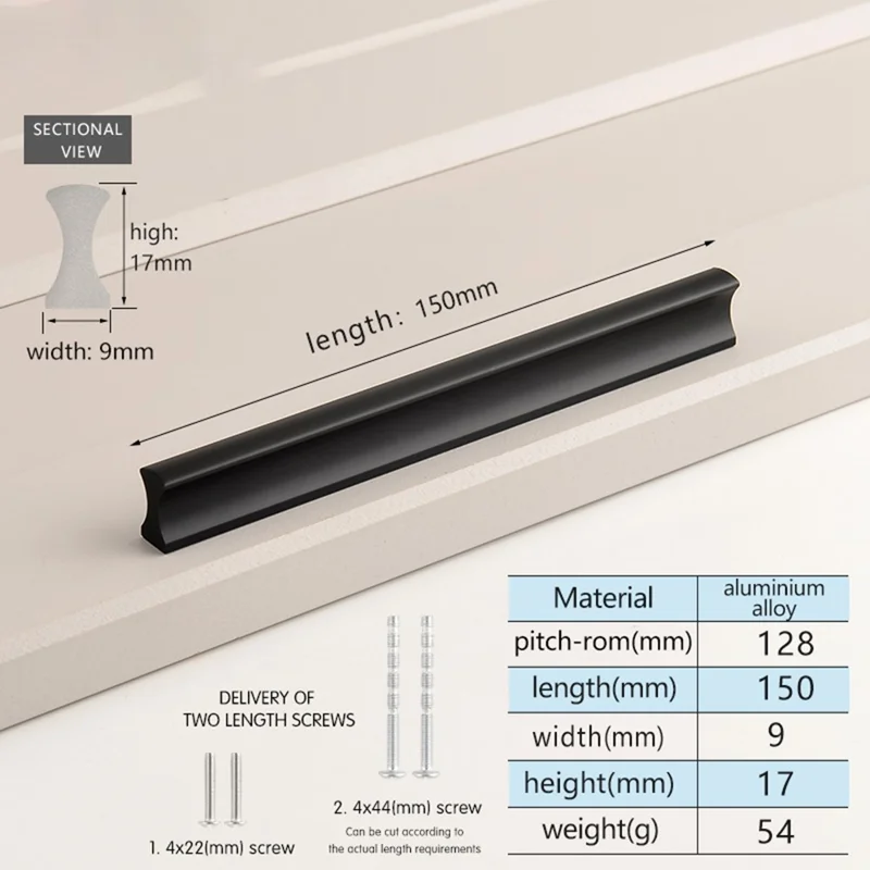 Drawer Pull 128mm Hole Center, 150mm Length Aluminum Alloy Kitchen Cabinet Handle Furniture Hardware - Matte Black