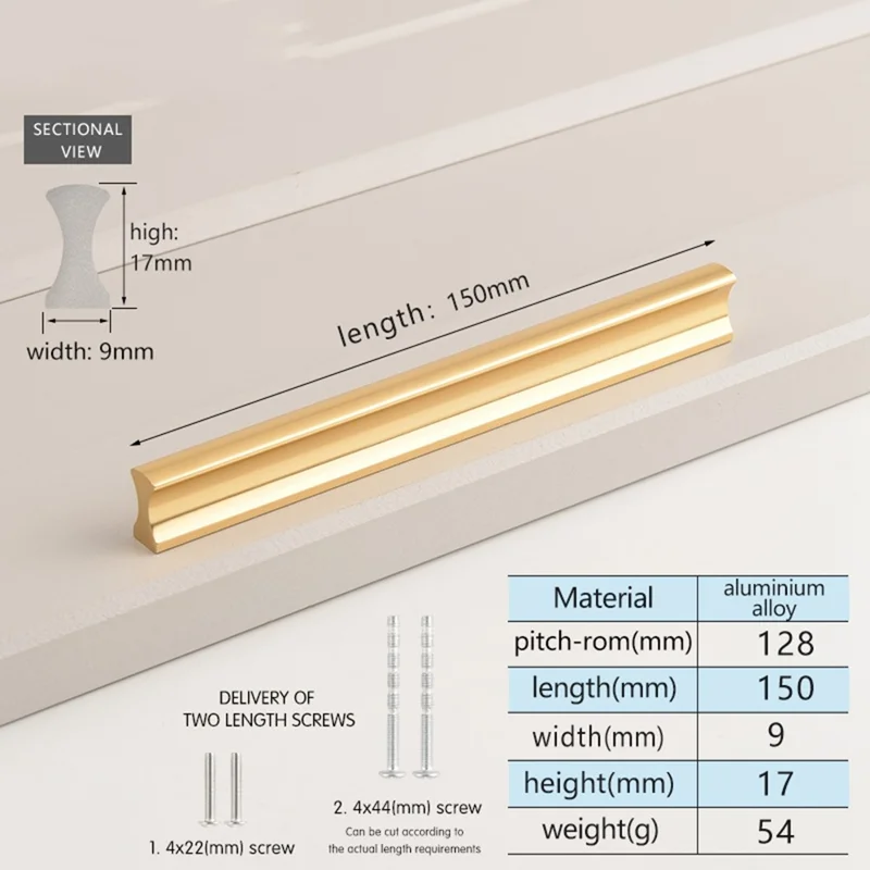 Drawer Pull 128mm Hole Center, 150mm Length Aluminum Alloy Kitchen Cabinet Handle Furniture Hardware - Gold