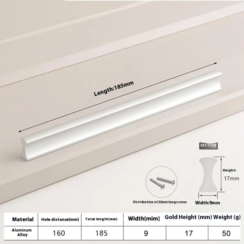 Drawer Pull 160mm Hole Center, 185mm Length Aluminum Alloy Kitchen Cabinet Handle Furniture Hardware - Matte Silver