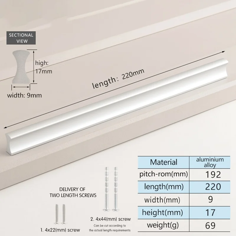 Drawer Pull 192mm Hole Center, 220mm Length Aluminum Alloy Kitchen Cabinet Handle Furniture Hardware - Matte Silver