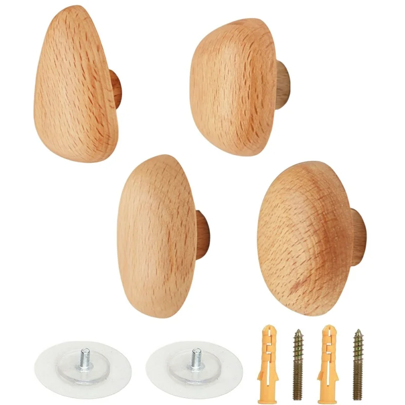 Set da 4 pezzi di Appendiabiti a Forma di Ciottolo in Legno, Montaggio a Parete, per Armadi e Cassetti