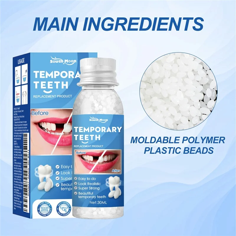 SOUTH MOON 30ml Perles Thermomoulables de Réparation Dentaire Temporaires pour Fausses Dents, Adhésif Dentaire Malléable, SOA07-A005-30-BU1