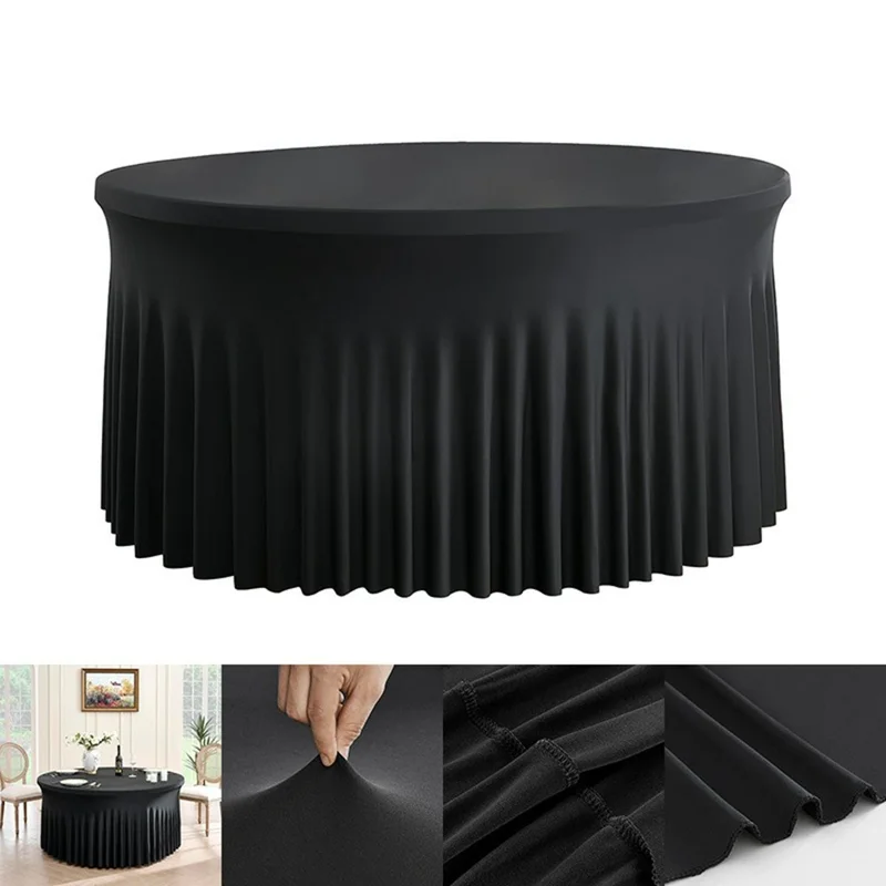 Gonna da tavolo rotonda da 5 piedi con gonna elastica monocolore per matrimoni, banchetti e feste - Nero