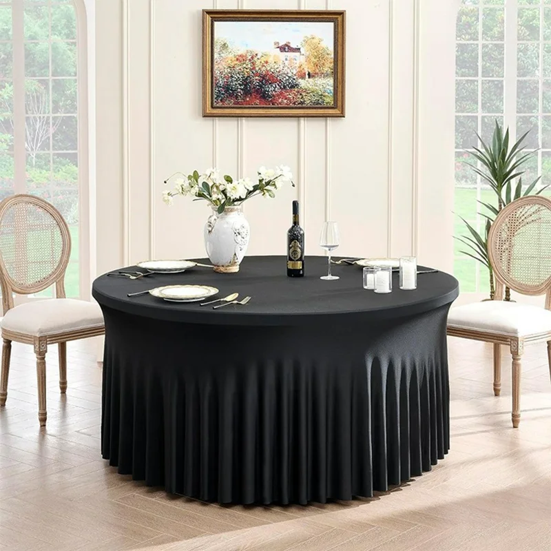 Gonna da tavolo rotonda da 5 piedi con gonna elastica monocolore per matrimoni, banchetti e feste - Nero