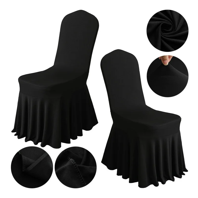 Stretch Chair Cover Wedding Banquet Decor Removable Solid Color Skirted Chair Slipcover - Black