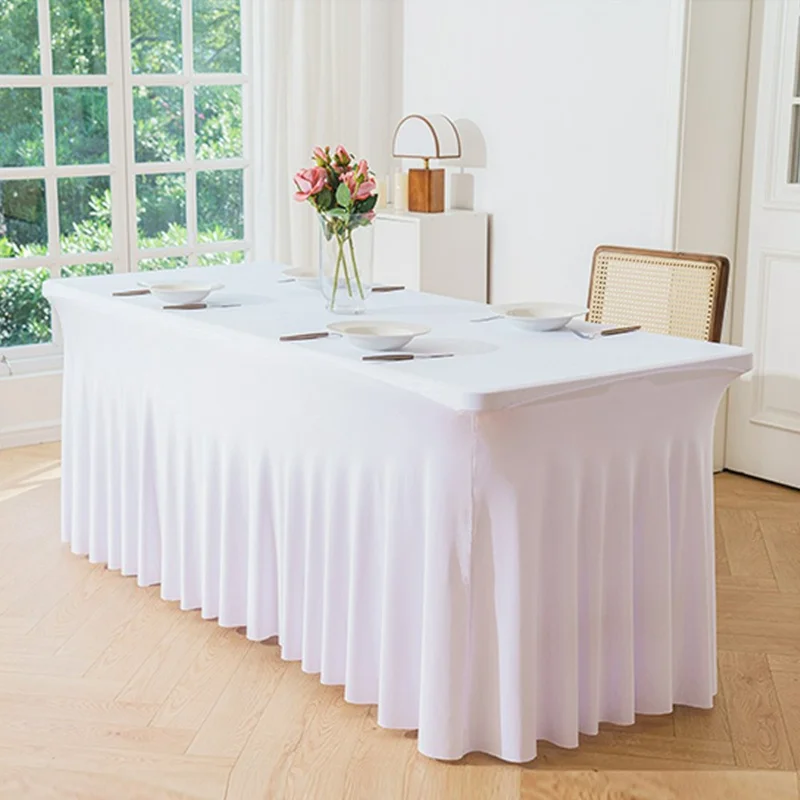 8ft Table Skirt for Rectangle Table Stretchable Wrinkle Resistant Tablecloth for Wedding Party, 244 x 76 x 76cm - White