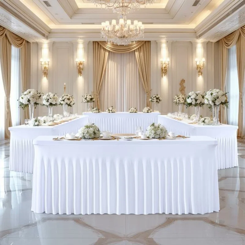 8ft Table Skirt for Rectangle Table Stretchable Wrinkle Resistant Tablecloth for Wedding Party, 244 x 76 x 76cm - White
