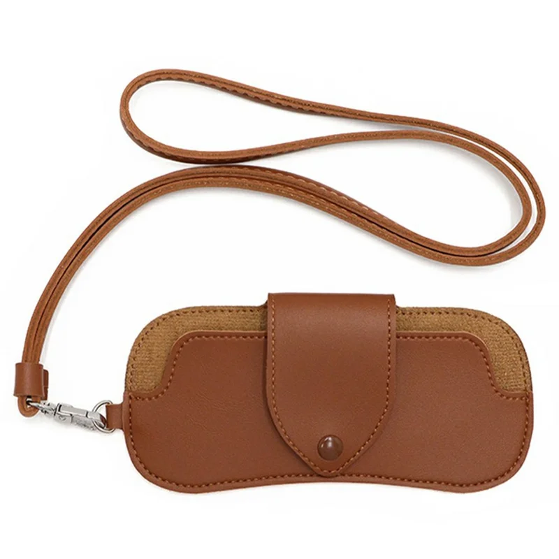 Portable Eyeglass Case Neck Hanging Sunglasses Holder PU Leather Reading Glasses Storage Pouch - Coffee