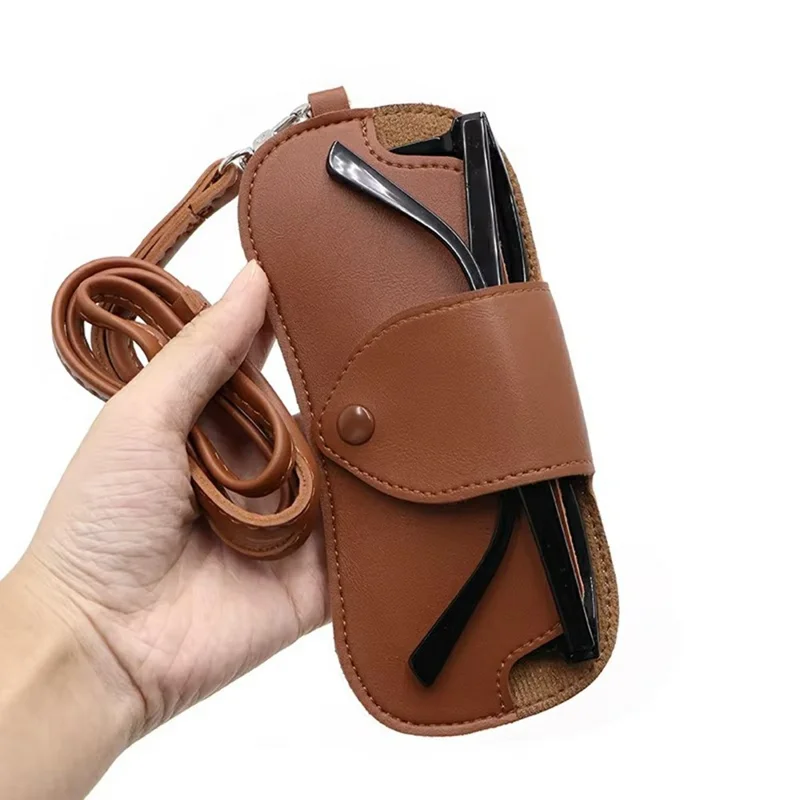 Portable Eyeglass Case Neck Hanging Sunglasses Holder PU Leather Reading Glasses Storage Pouch - Coffee