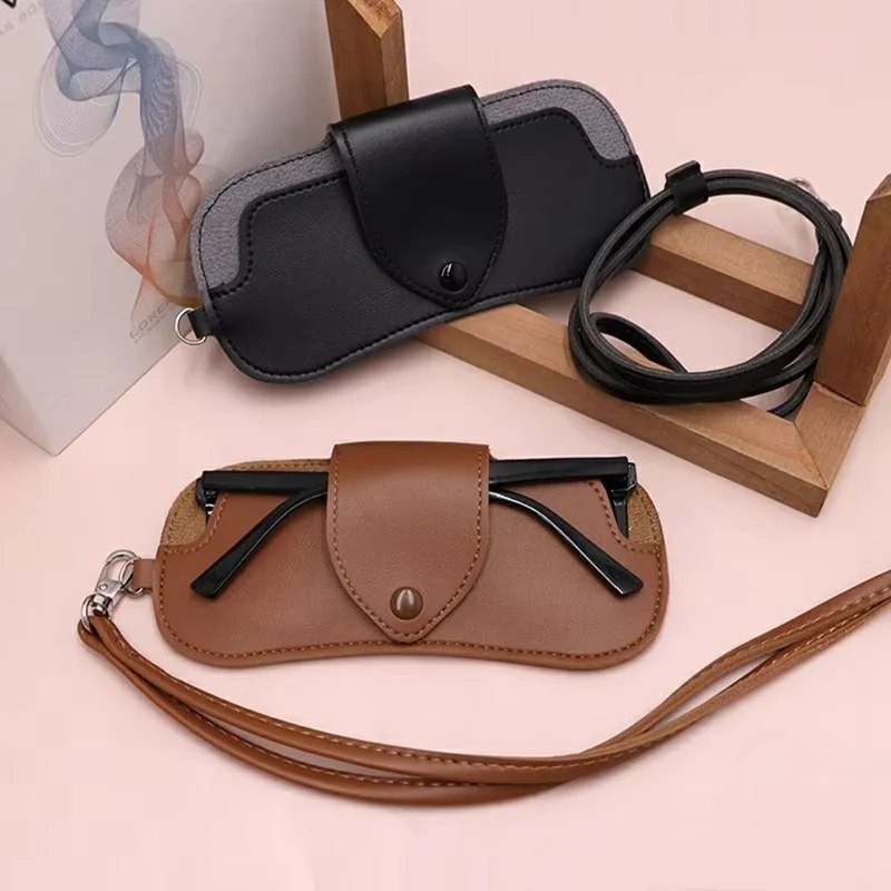 Portable Eyeglass Case Neck Hanging Sunglasses Holder PU Leather Reading Glasses Storage Pouch - Black