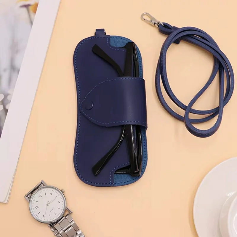 Portable Eyeglass Case Neck Hanging Sunglasses Holder PU Leather Reading Glasses Storage Pouch - Black
