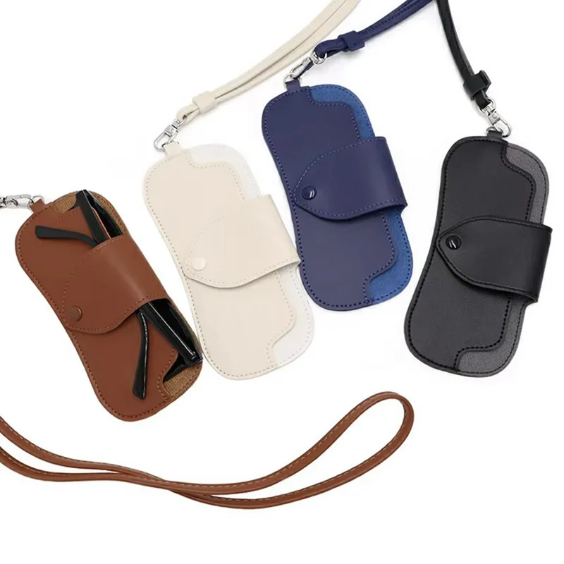Portable Eyeglass Case Neck Hanging Sunglasses Holder PU Leather Reading Glasses Storage Pouch - Black