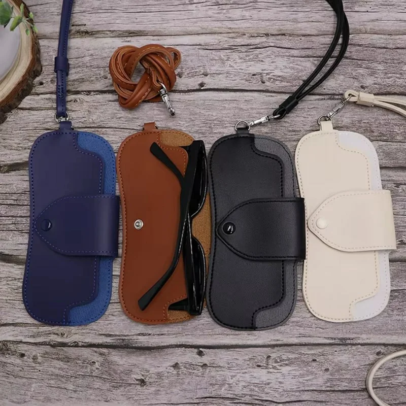 Portable Eyeglass Case Neck Hanging Sunglasses Holder PU Leather Reading Glasses Storage Pouch - Black