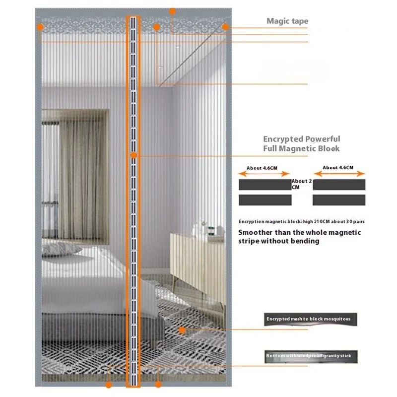 100 x 210 cm Magnetische Fliegengittertür für Schlafzimmer und Patio - Mückenschutz-Vorhang ohne Bohren - Grau gestreift