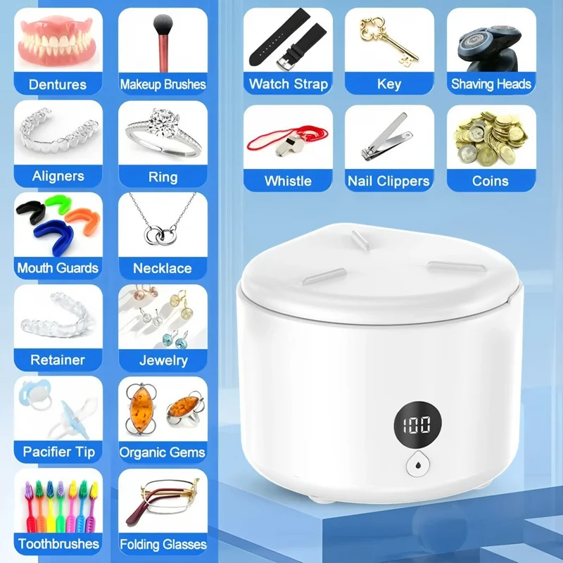 SL103B 4 Modes Ultrasonic Cleaner for Dentures Contact Lenses Jewelry Watch UV Sterilizer, EU Plug - White