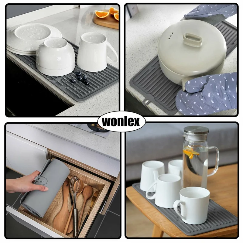 Tapete de Silicone para Cozinha 47 x 20 cm - Protetor de Bancada Resistente ao Calor, Antiderrapante e Listrado para Secagem - Cinza