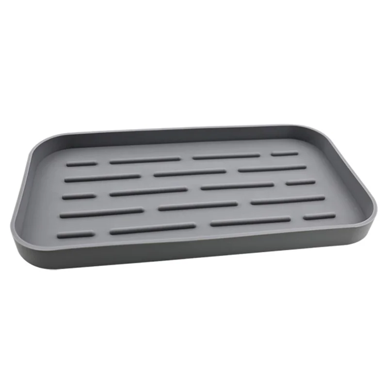 Tapete de Silicone para Escorrimento de Cozinha Resistente ao Calor, Antiderrapante com Listras, Bandeja de Secagem para Banheiro, 25,3x13,3cm - Cinza