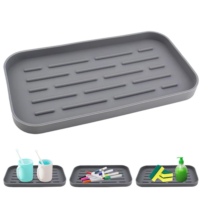 Tapete de Silicone para Escorrimento de Cozinha Resistente ao Calor, Antiderrapante com Listras, Bandeja de Secagem para Banheiro, 25,3x13,3cm - Cinza