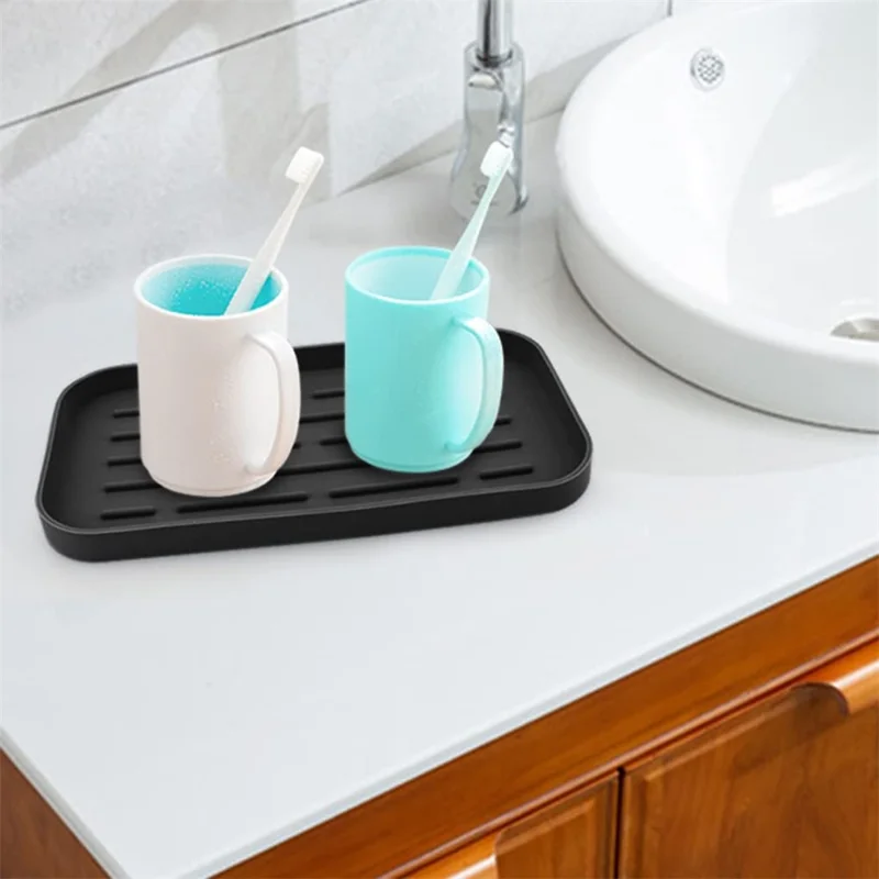 Tapete de Silicone para Escorrimento de Cozinha Resistente ao Calor, Antiderrapante com Listras, Bandeja de Secagem para Banheiro, 25,3x13,3cm - Cinza