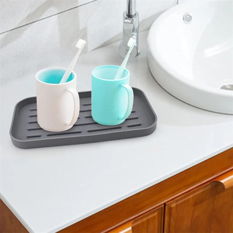 Tapete de Silicone para Escorrimento de Cozinha Resistente ao Calor, Antiderrapante com Listras, Bandeja de Secagem para Banheiro, 25,3x13,3cm - Cinza