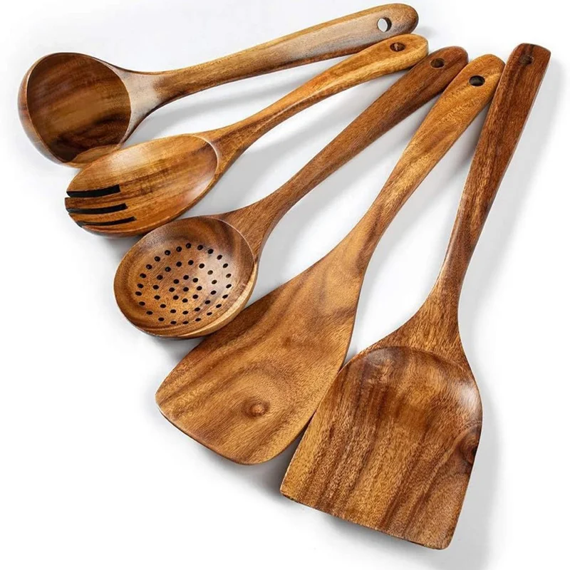 5Pcs / Set Acacia Wood Kitchen Utensil Ladle Spatula Salad Fork Home Cooking Tools (BPA Free, No FDA)