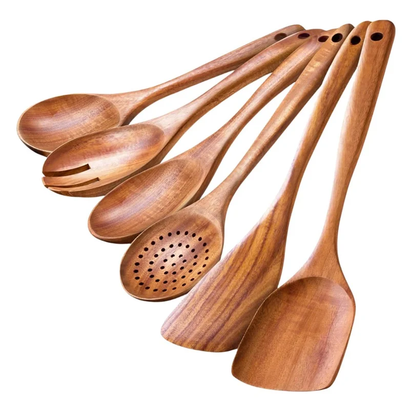 Juego de 6 Piezas de Utensilios de Cocina de Madera de Acacia Cuchara de Sopa Espátula Tenedor de Ensalada Herramientas de Cocina para el Hogar (Sin BPA, Sin FDA)