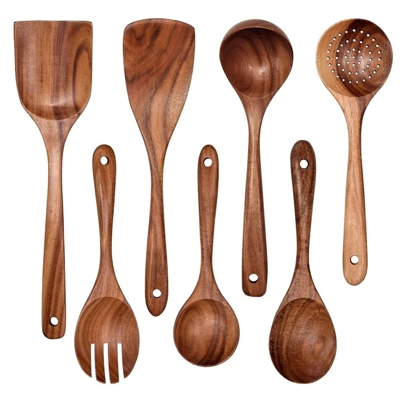 Juego de 7 Utensilios de Cocina de Madera de Acacia: Cucharón, Espátula, Espumadera, Cuchara y Tenedor para Ensalada, Herramientas de Cocina (Libre de BPA, Sin Certificación FDA)