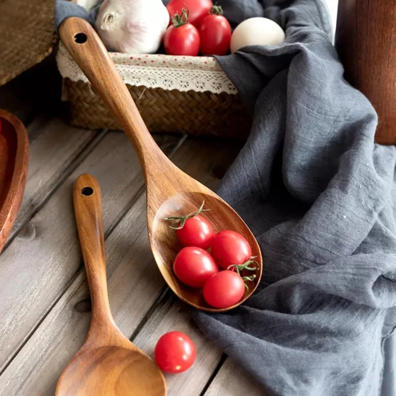 Juego de 7 Utensilios de Cocina de Madera de Acacia: Cucharón, Espátula, Espumadera, Cuchara y Tenedor para Ensalada, Herramientas de Cocina (Libre de BPA, Sin Certificación FDA)