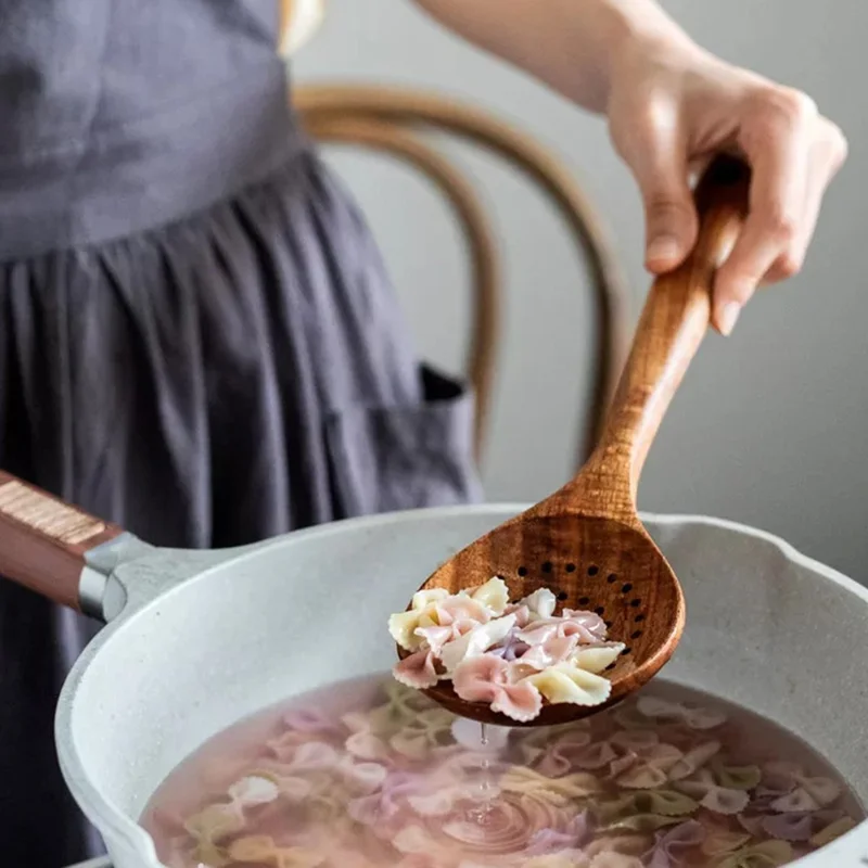 Juego de 7 Utensilios de Cocina de Madera de Acacia: Cucharón, Espátula, Espumadera, Cuchara y Tenedor para Ensalada, Herramientas de Cocina (Libre de BPA, Sin Certificación FDA)