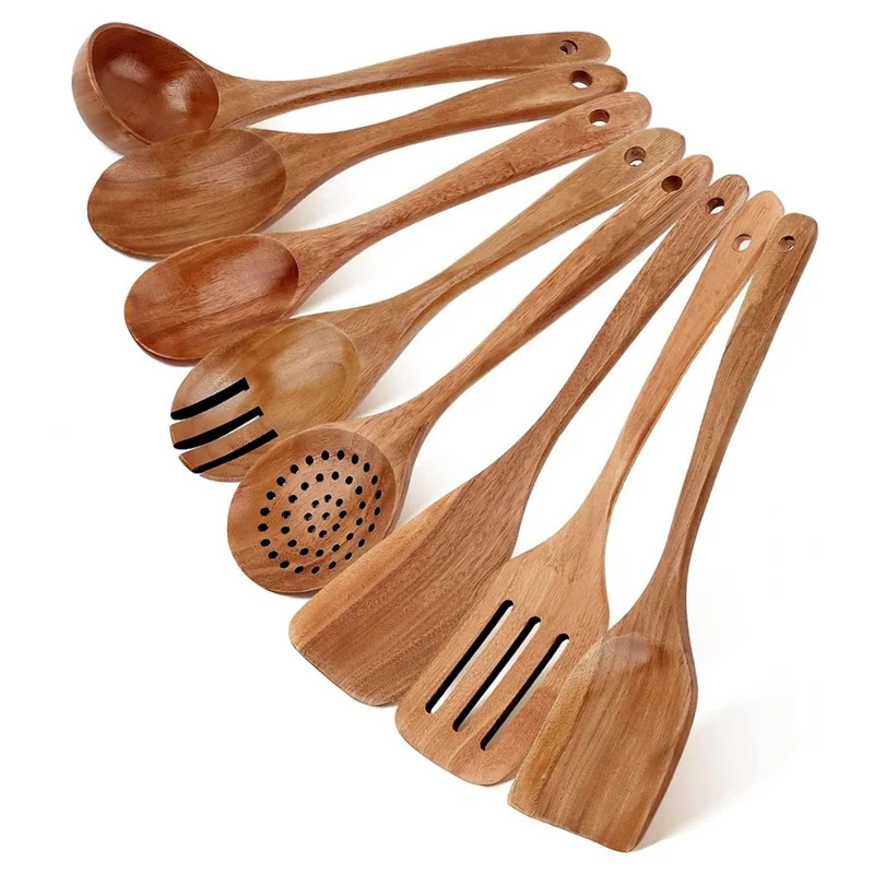 8Pcs / Set Acacia Wood Kitchen Utensil Soup Spoon Spatula Skimmer Spoon Salad Fork Cooking Tools (BPA Free, No FDA)