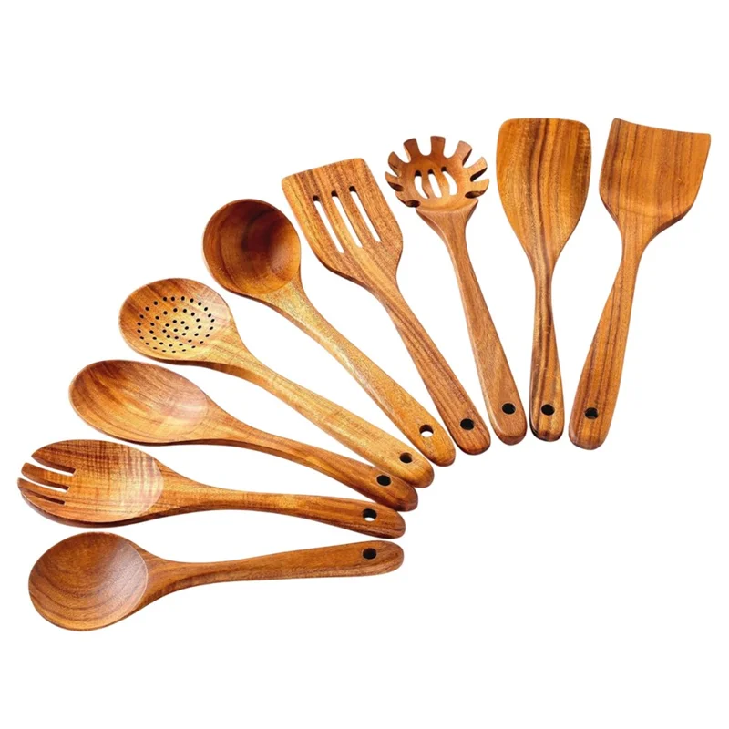 9Pcs / Set Acacia Wood Kitchen Utensil Soup Spoon Spatula Skimmer Spoon Salad Fork Noodle Scoop Cooking Tools (BPA Free, No FDA)