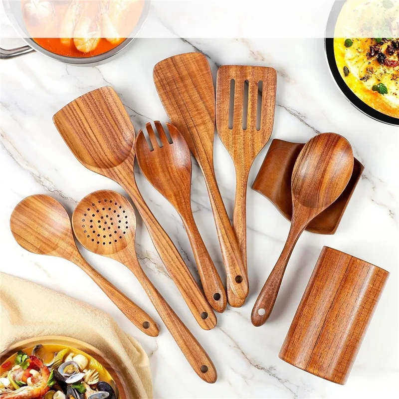 Juego de 9 Utensilios de Cocina de Madera de Acacia: Cucharón, Espátula, Espumadera, Cuchara, Tenedor de Ensalada en Barril (Libre de BPA, Sin FDA)