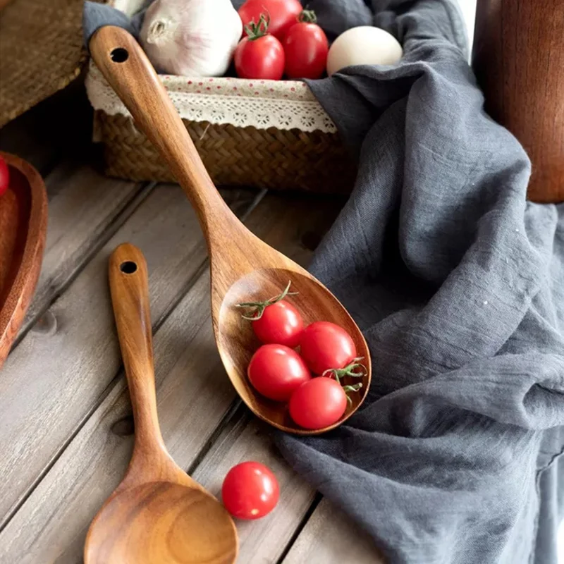 Juego de 9 Utensilios de Cocina de Madera de Acacia: Cucharón, Espátula, Espumadera, Cuchara, Tenedor de Ensalada en Barril (Libre de BPA, Sin FDA)