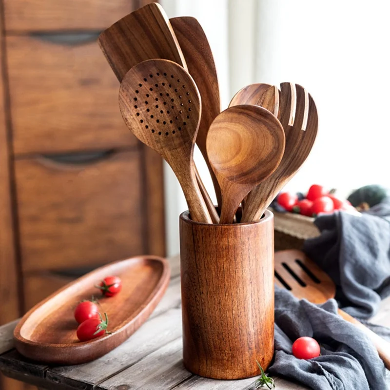 Juego de 9 Utensilios de Cocina de Madera de Acacia: Cucharón, Espátula, Espumadera, Cuchara, Tenedor de Ensalada en Barril (Libre de BPA, Sin FDA)