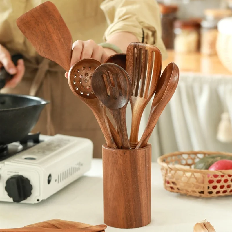 Juego de 9 Utensilios de Cocina de Madera de Acacia: Cucharón, Espátula, Espumadera, Cuchara, Tenedor de Ensalada en Barril (Libre de BPA, Sin FDA)