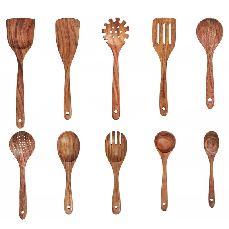 Juego de 10 Utensilios de Cocina de Madera de Acacia: Cucharón, Espátula, Tenedor de Ensalada, Espumadera, Cuchara para Fideos y Herramientas de Cocina (Libre de BPA, Sin FDA)