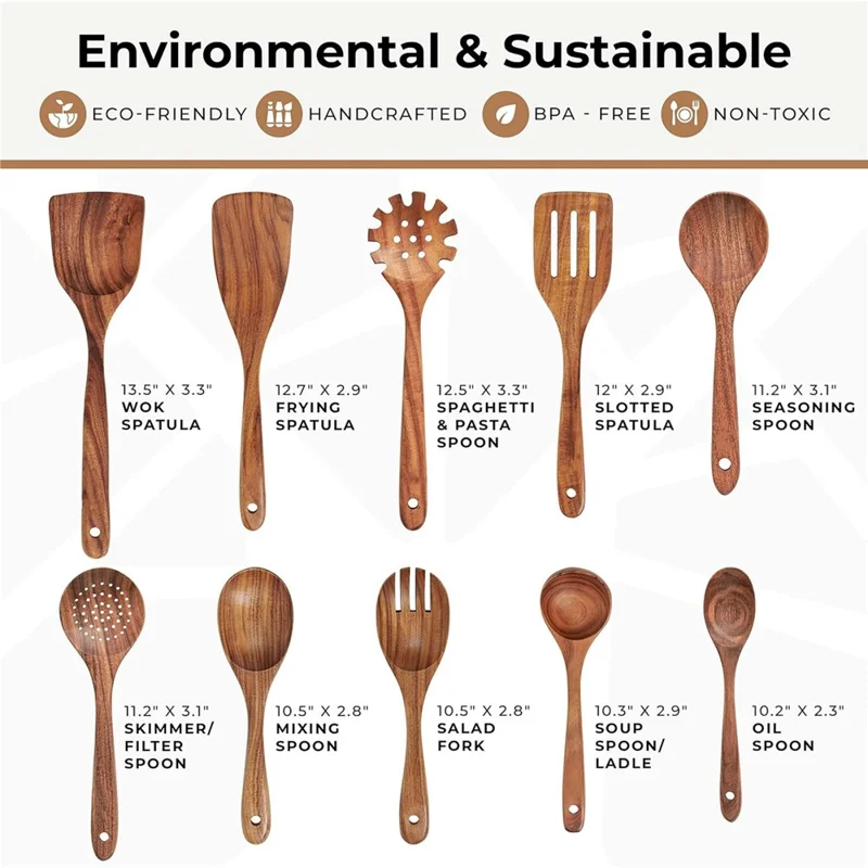 Juego de 10 Utensilios de Cocina de Madera de Acacia: Cucharón, Espátula, Tenedor de Ensalada, Espumadera, Cuchara para Fideos y Herramientas de Cocina (Libre de BPA, Sin FDA)