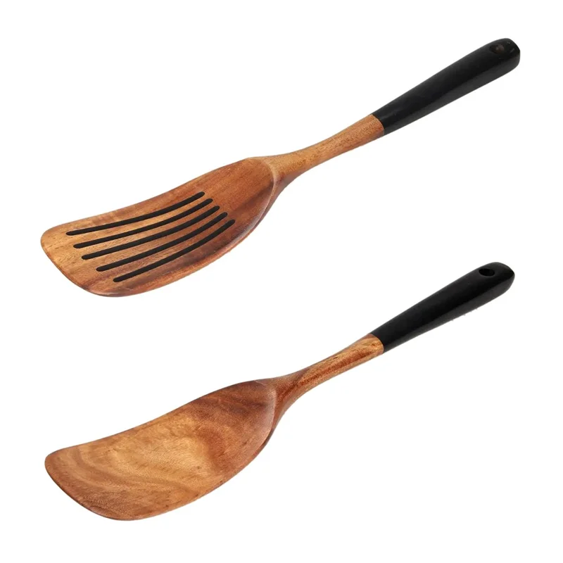 Juego de 2 Utensilios de Cocina de Madera de Acacia: Espátula Larga y Espátula Ranurada (Libre de BPA, Sin FDA) - Negro