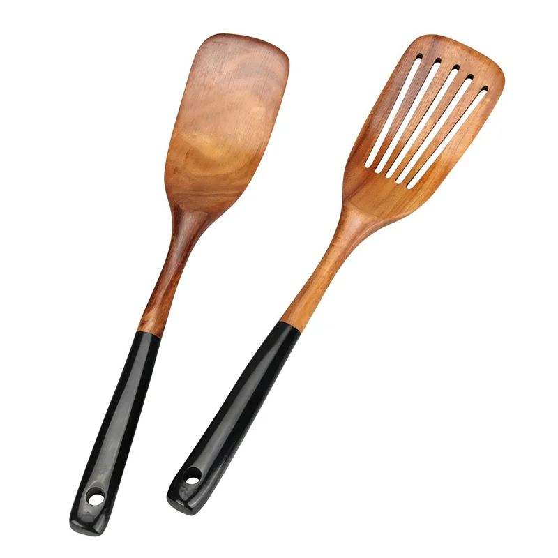 Juego de 2 Utensilios de Cocina de Madera de Acacia: Espátula Larga y Espátula Ranurada (Libre de BPA, Sin FDA) - Negro