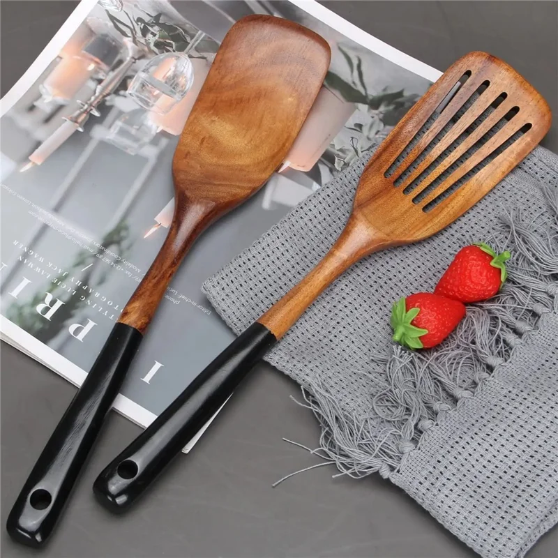 Juego de 2 Utensilios de Cocina de Madera de Acacia: Espátula Larga y Espátula Ranurada (Libre de BPA, Sin FDA) - Negro