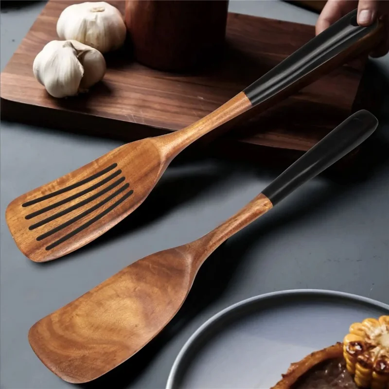 Juego de 2 Utensilios de Cocina de Madera de Acacia: Espátula Larga y Espátula Ranurada (Libre de BPA, Sin FDA) - Negro