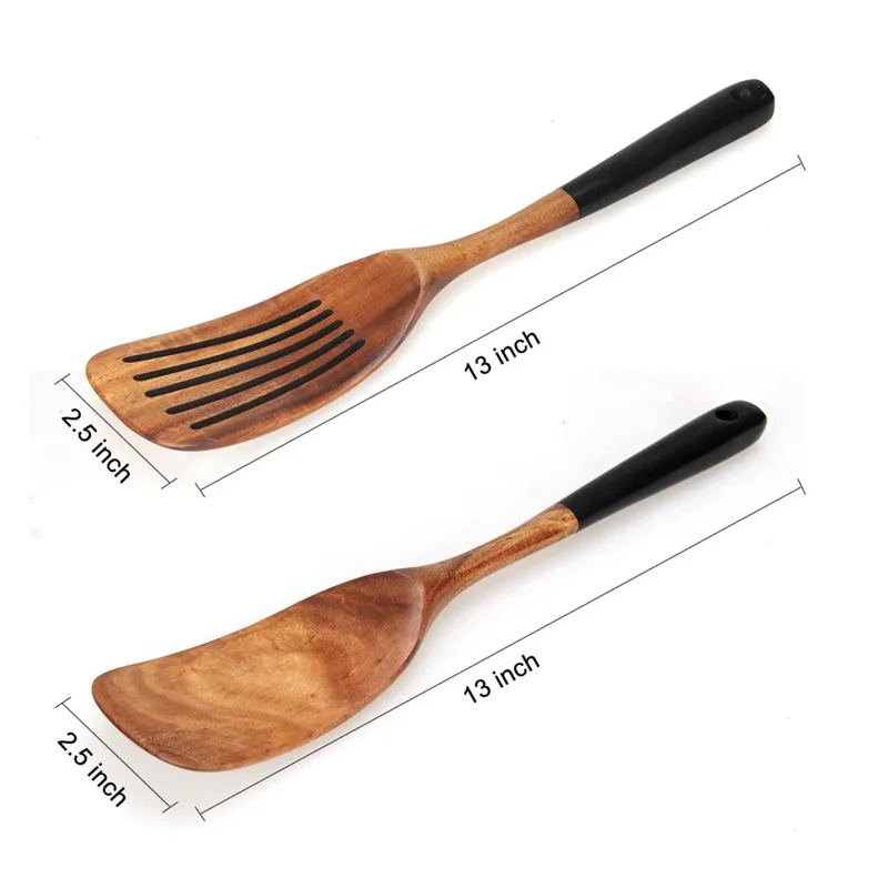 Juego de 2 Utensilios de Cocina de Madera de Acacia: Espátula Larga y Espátula Ranurada (Libre de BPA, Sin FDA) - Negro