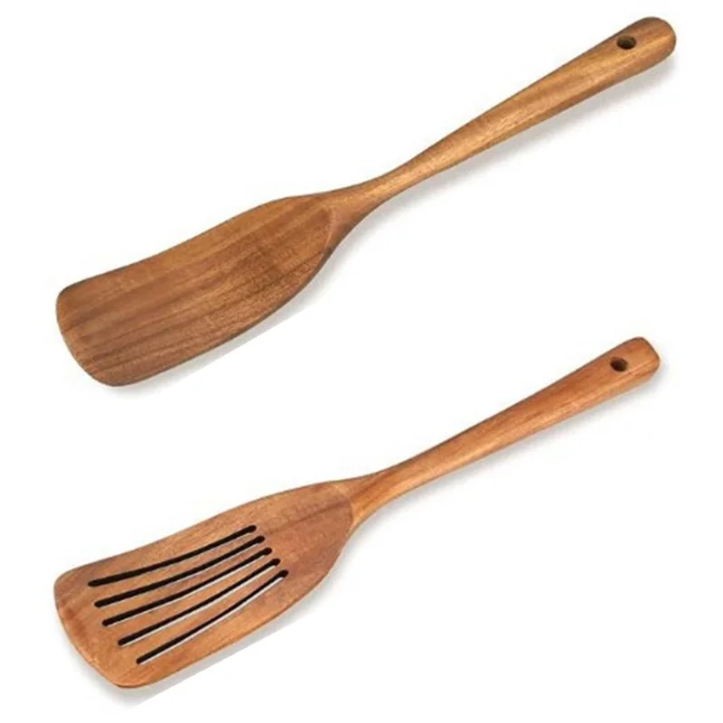 2Pcs / Set Acacia Wood Cooking Utensil Long Handle Spatula + Slotted Spatula Kitchen Tools (BPA Free, No FDA) - Wood Color